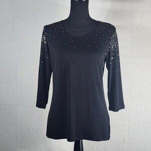 Susan Graver Black Liquid Knit Scoop Neck Foil Metallic 3/4 Sleeve Top Size XXS